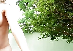 Blonde busty shemale in back yard anal fun with the gardener