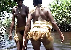 Tribal afro cuties performing wild sex ritual on me by the river