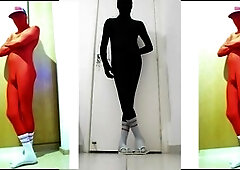 Joy at home in a sexy ebony zentai outfit