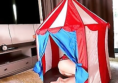 Hawt and sexually excited brunette hair floozy likes to give creamy and oily handjobs to schlongs in a tent within a uniform miniskirt