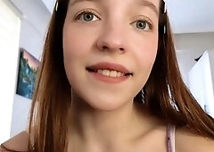 Busty curly brunette with big boobs fucks on couch