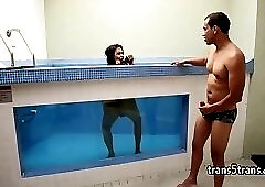 Tanlined chubby tgirl takes cock