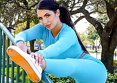 Gorgeous busty brunette Alexa Payne opened her wet shaved pussy