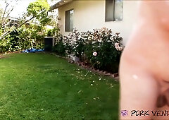 Aj Applegate rides Tim Von Swine by the pool then swallows his load in the backyard grass