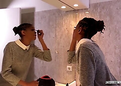 Sexy, black babe, Imani is wearing stockings and high heels while getting fucked from the back