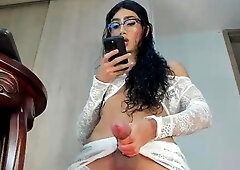 Big Tits Tranny Jerking her Big Hard Cock