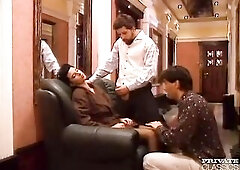 A three-some with a couple of hotel employees who drilled her including an ass slam session and a facial spunk fountain.