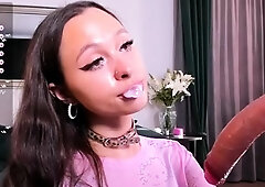 Deep sucking a long curve dick