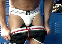 Brawny dude swallows jizz