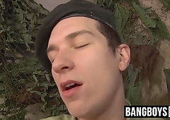 Army man butt pokes a youngster and makes him squirt huge blast