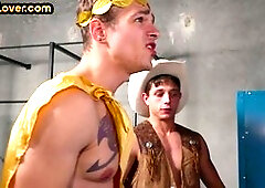 Muscular tattooed stud pounds cosplay bottom's tight ass raw at the gym