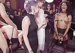 Ebony and blonde fucked at orgy party