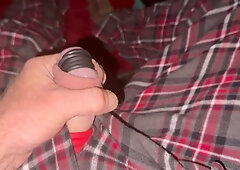 Man explores his erection with tight grips and tension devices at home