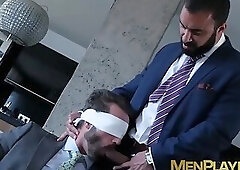 Classy stud blindfolded before throat fuck and drilling 3way