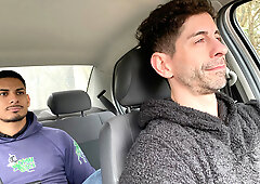 Latino stud enjoys hefty dick on the back seat in gay romance