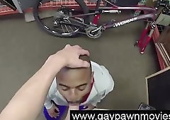 Interracial gay blowjob on camera for pay in pawn shop