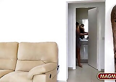 Sinfully lesbo cuties Sophie Logan and Kim Davis licking and masturbating their slick bald muffs with their sex toy