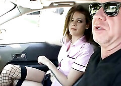 Youthful cutie with fleshly body and round titties takes an grandpa's dick in her pleasant snatch.