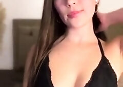Sexy brunette babe with big cock jerking in solo