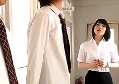 Threesome with Miku Airi giving asian girls blowjob