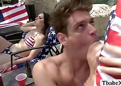 Tgirl babes dive into a wild orgy with bareback anal fun