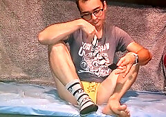 Playing with my cock after college in yellow lingerie and socks covered in cum