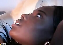 Ebony gal strokes a stud with large wang and gets her unshaved twat pumped hard