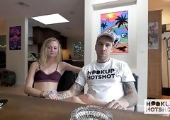 Skinny blond head Kenzie Kai has to try on various stuff before porn making