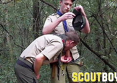 Adorable younger scout observes then attempts out elderly scout's spear