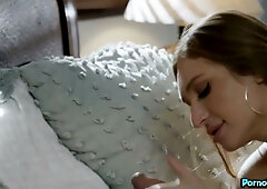 Blonde girlfriend gives passionate oral to her bearded lover in sunlit bedroom