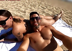 Tattooed Australian blonde on the beach takes me home after sunset