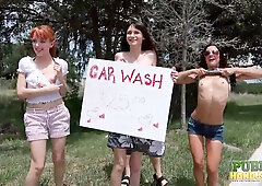 Chloe Skyy and three friends give a man handjobs at a public car wash before a facial