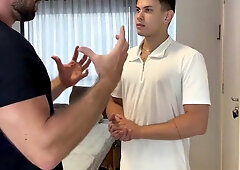 The masseuse having orgy with the well-gifted, wonderful gay-for-pay guy.