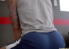 Naked studs tease each other in the shower and ass fuck