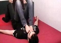 Lea sits on Richie's stomach and stretches her in nature's garb feet to lick his face. When her doormat Richie get to pamper their feet when