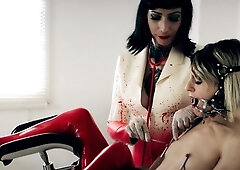 Pale blonde and tanned brunette lesbians toying and licking