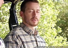 Hunky gay rides his friends cock raw after blowjob outdoor