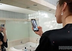 MOMMY4K. Czech mature woman used a chance and fucked a young dude in the bathroom. Hot sex with