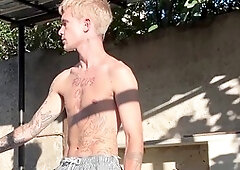 Caught backstage, stud with a big dick jerking off while I watch, deepthroat and anal action