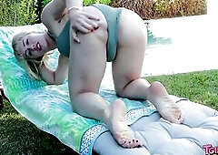 Meddle enjoys a sexy pool shoot in California. Her outstanding booty in a bikini, then fully exposed with bouncing titties and hard penis, makes for a