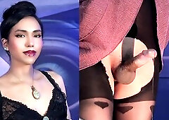 With my flirty petticoat and nylons on, my hard, thick knob pokes out, begging for attention; I pull it all the way out and wank it lazily, feeling it