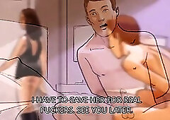 Cartoon brunette is having hardcore sex with her lover, while her partner is watching them