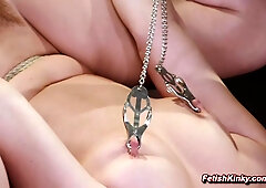 Babe in BDSM gang pound with five men