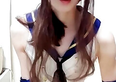 Brunette Tranny jerking in hard dick in solo Webcam
