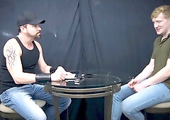 Muscular leather daddy plows smooth blindfolded man's face hard