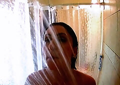 Amateur busty brunette masturbates and does hand job