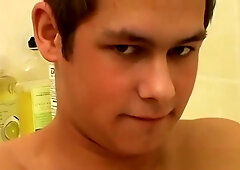 Sexy brunette twink Cristian jacking off and taking a shower