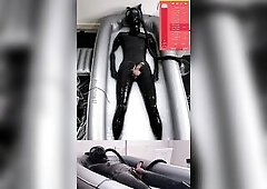 Electro stimulation milking training of a latex puppy juicy in jizz pool