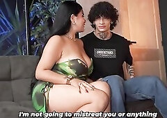Brunette hair with biggest boobs catches her stepson masturbating - stepson has a large wang