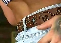 Sexy blonde shemale cowgirl Aubrey Kate ass-fucks her bar friend